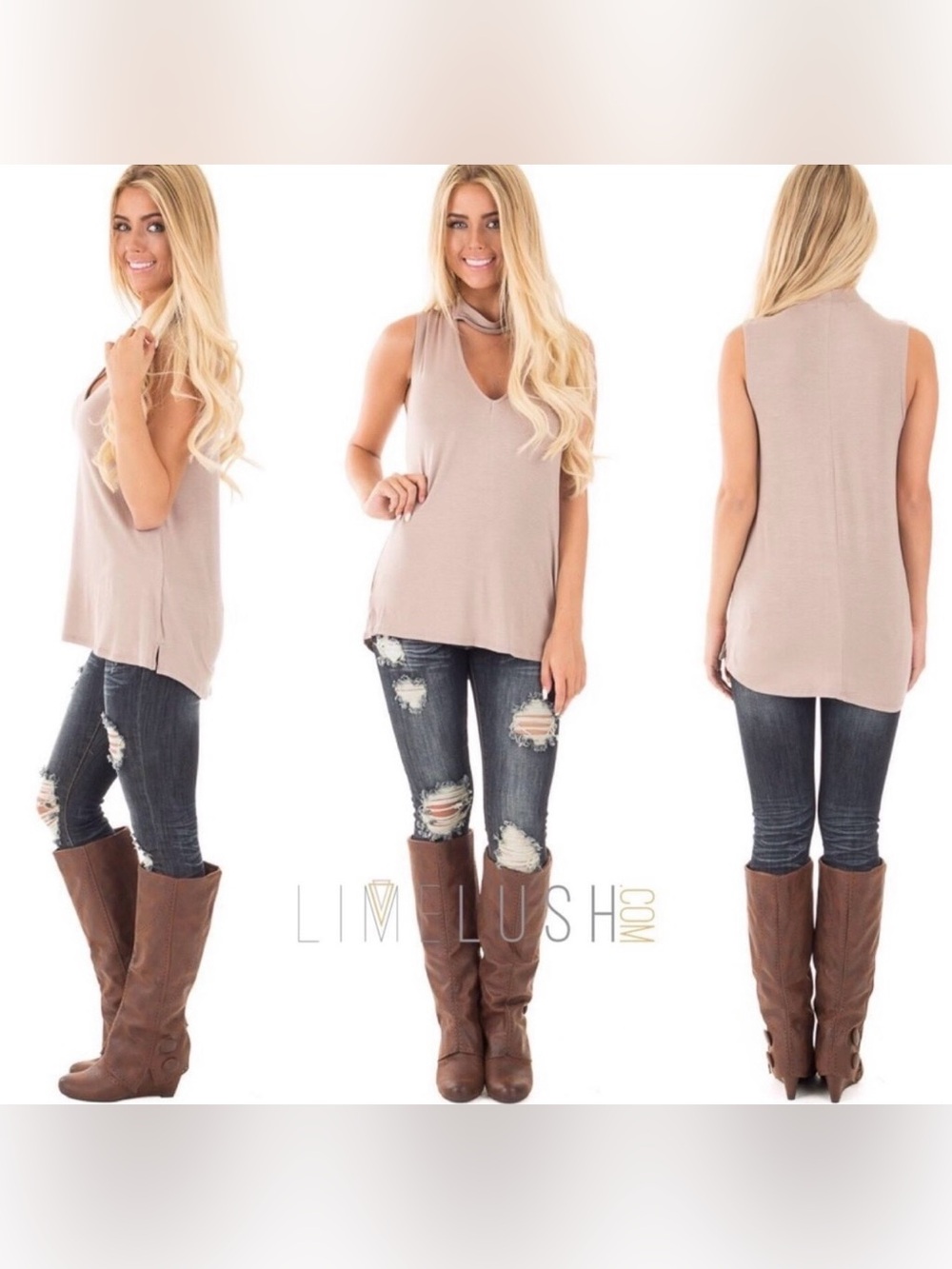 Taupe Knit Tank with Mock Collar & Cut Out V Neck